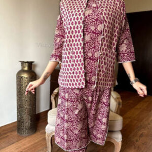 Cotton Kurti Pant Set With Quilted cotton jacket