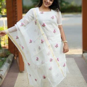 The intricately embroidered Kota Doriya kurti, complete with a soft cotton lining, pairs gracefully with a full-size Kota Doriya dupatta and tailored cotton pants. Perfect for showcasing the purity and sophistication of white on any special occasion*
