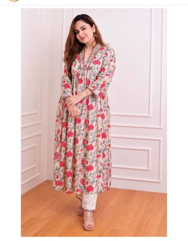 White-pink Floral Anarkali suit set decorated with the finest embroidery
