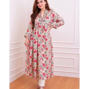 White-pink Floral Anarkali suit set decorated with the finest embroidery