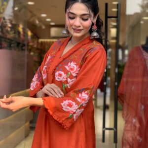 Beautiful cotton fabric gher kurti pant and dupatta.