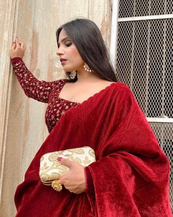 VELVET SAREE with EMBROIDERY WORK ON BORDER & FULL WORK ON BLOUSE
