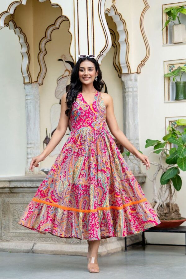 Cotton Fabric Printed Pink Full Gown