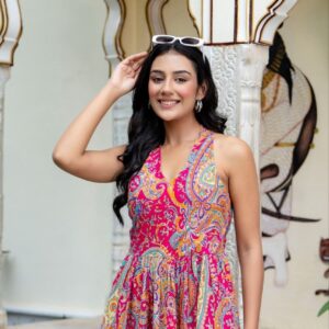 Cotton Fabric Printed Pink Full Gown