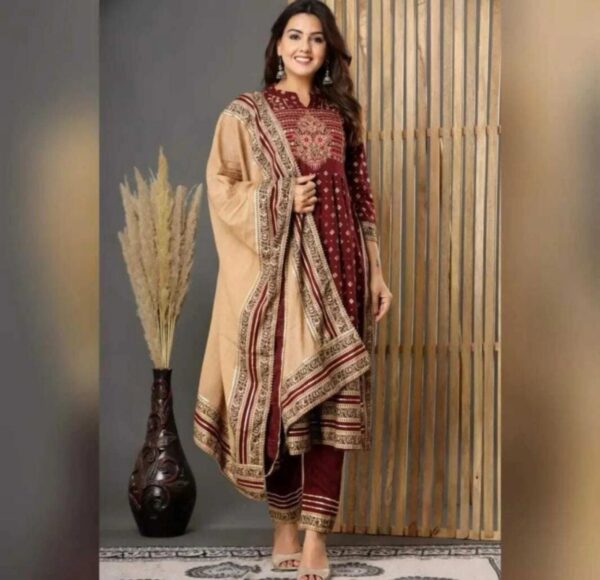 Pure Rayon Fabric Print Gotta Detailing Straight Kurti With Print Pant With Full Dupatta Beautiful Printed