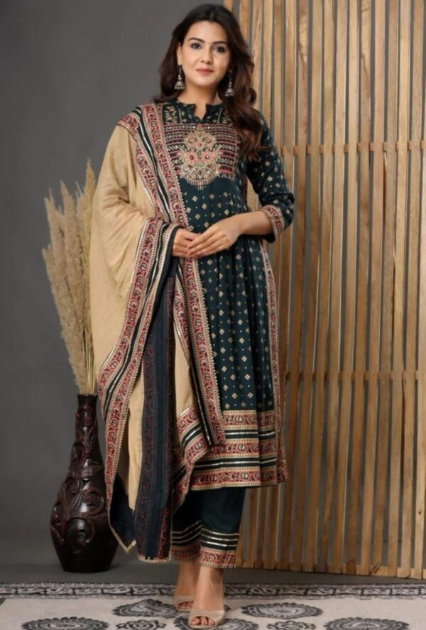Pure Rayon Fabric Print Gotta Detailing Straight Kurti With Print Pant With Full Dupatta Beautiful Printed
