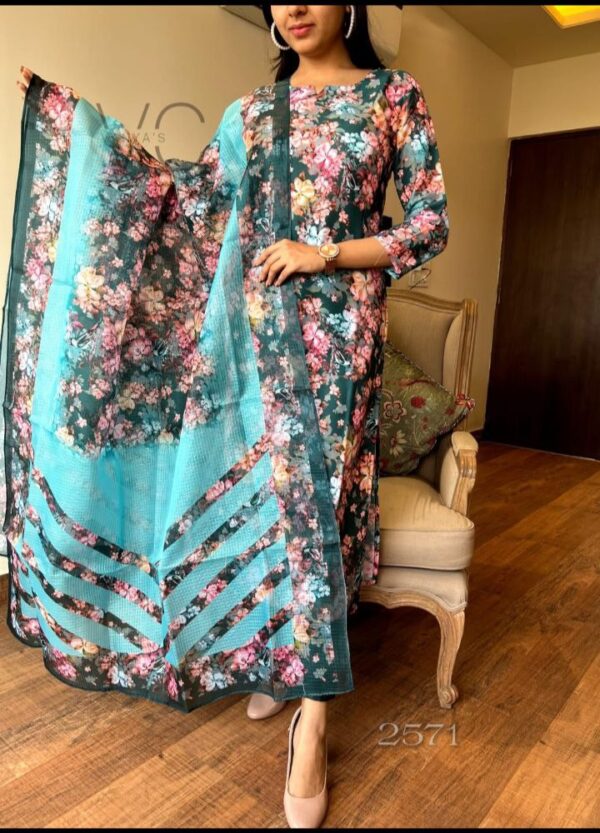 Pure chanderi digital print kurta and cotton pants with digital printed pure Kota doria duppata