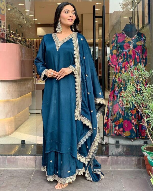 Roman Satin fabric with print & work and full lining with silk pant and dupatta with embroidery work lace
