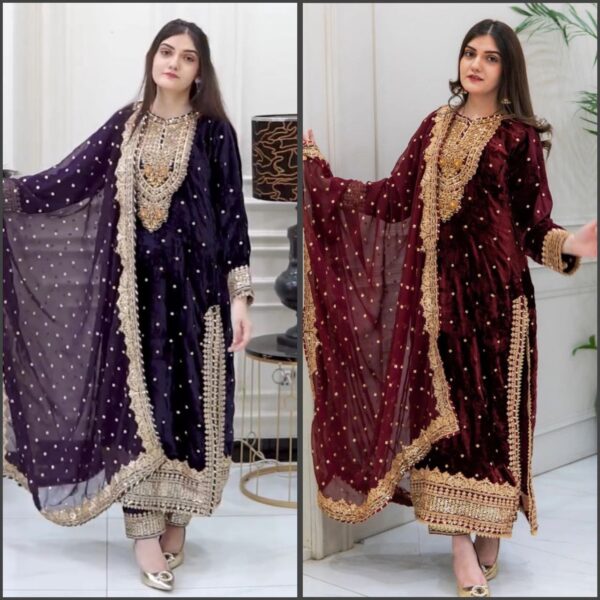New Party Wear Viscose Velvet Designer Look Top-Dupatta and Fully Stitched Bottom With Heavy Embroidery Sequence Work
