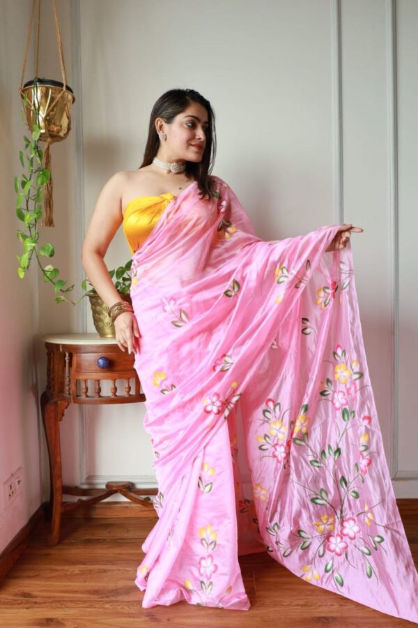 Hand Brush Painted Saree With Foil